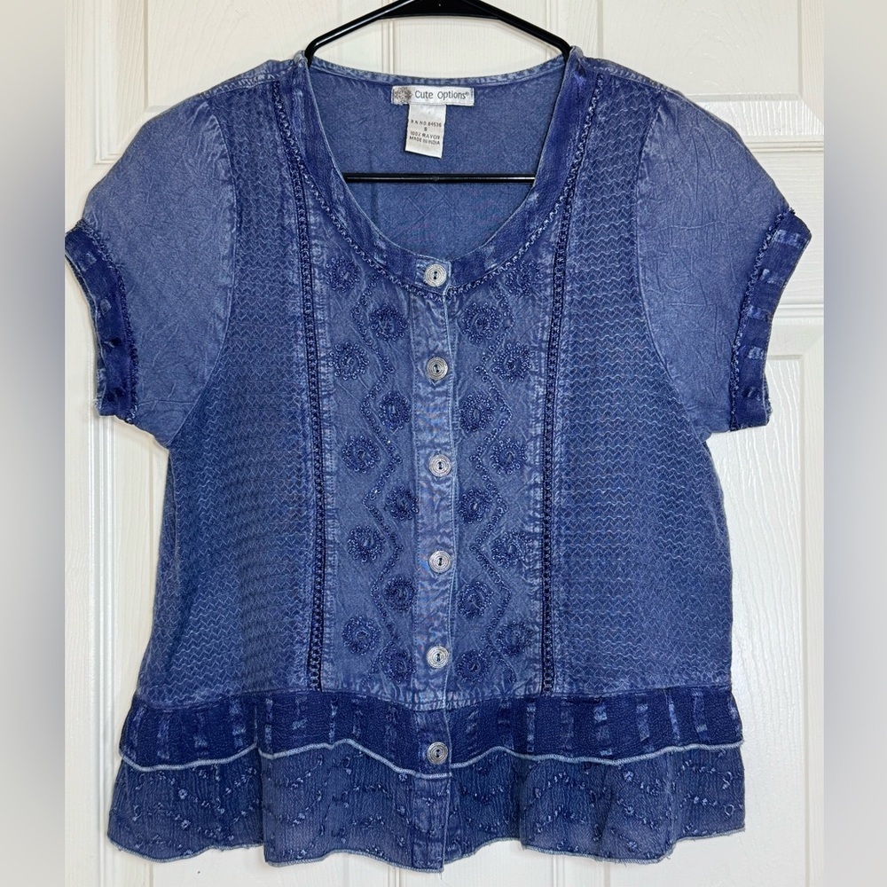 Vintage Cute Options Blue Lace Trim Button Blouse Rayon India Boho Size Small